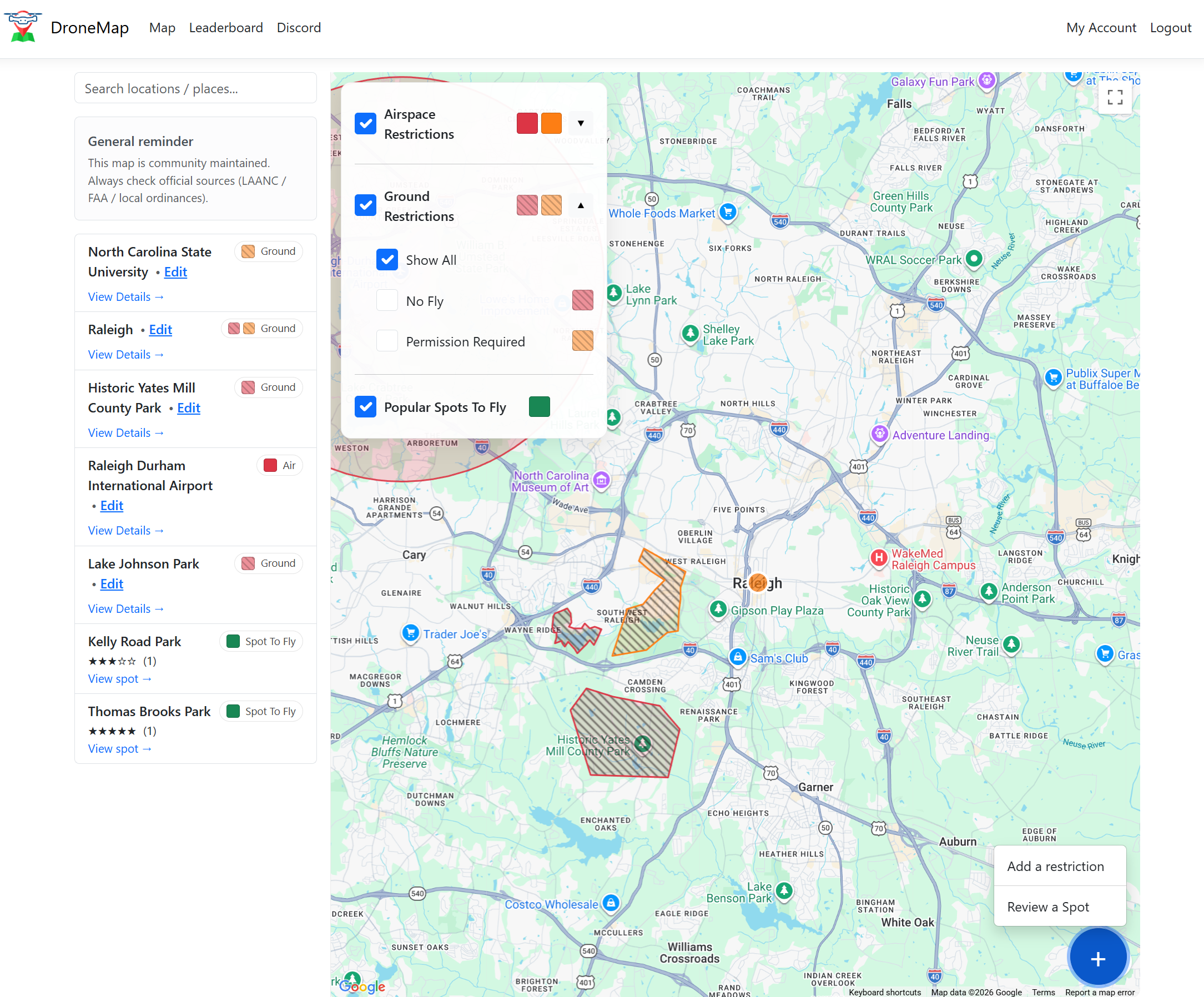 DroneMap preview showing airspace, ground rules, and pilot activity layers